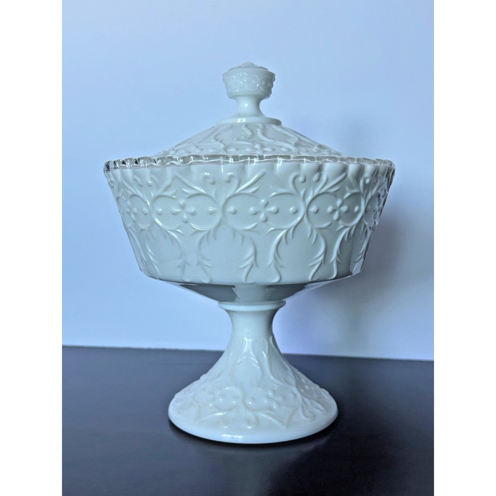 Fenton Milk Glass Silver Crest With Spanish Lace Footed Candy Box With Lid - Picture 8 of 14